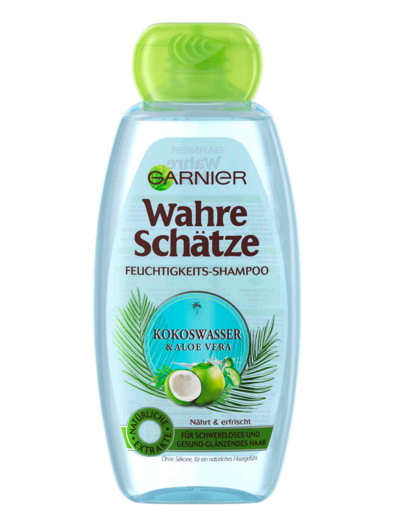 Feuchtigkeits-Shampoo-Wahre-Schaetze-Kokoswasser-Aloe-Vera-300ml-Vorderseite-Garnier-De-gross